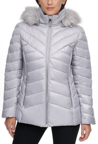 Imbracaminte femei kenneth cole faux fur front zip puffer jacket silver