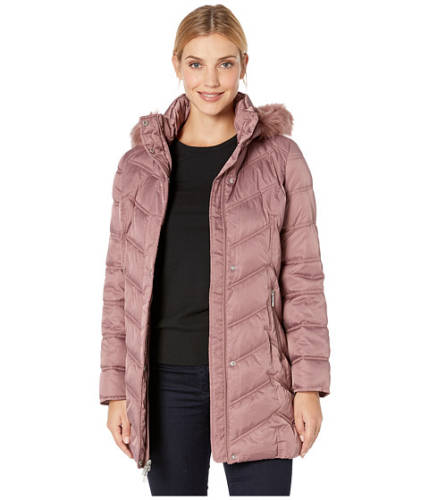 Imbracaminte femei kenneth cole new york chevron quilted puffer w faux fur trimmed hood dusty rose