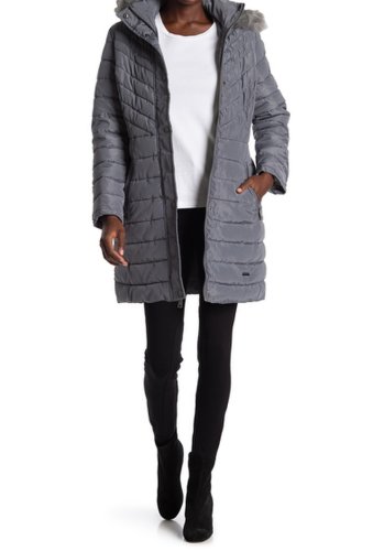 Imbracaminte femei kenneth cole new york faux fur trimmed removable hooded satin quilted puffer jacket nickel