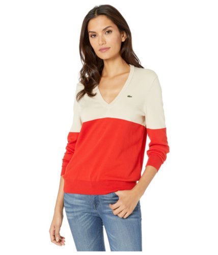 Imbracaminte femei lacoste long sleeve v-neck color-block cotton sweater corridamarten