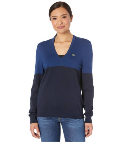 Imbracaminte femei lacoste long sleeve v-neck color-block cotton sweater navy bluemethylene