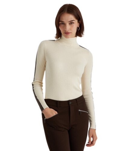 Imbracaminte femei lauren ralph lauren petite faux-leather-trim turtleneck sweater mascarpone creamchocolate