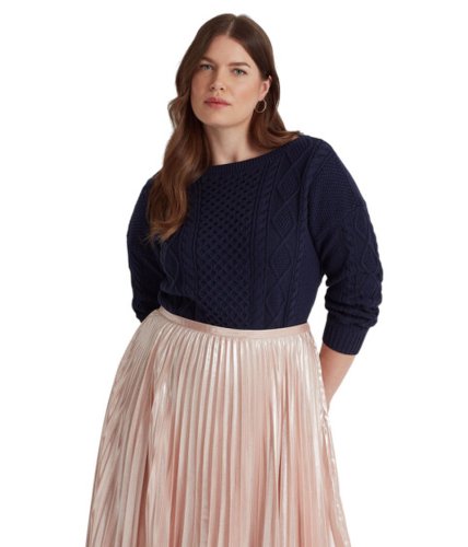 Imbracaminte femei lauren ralph lauren plus size aran-knit cotton boatneck sweater french navy