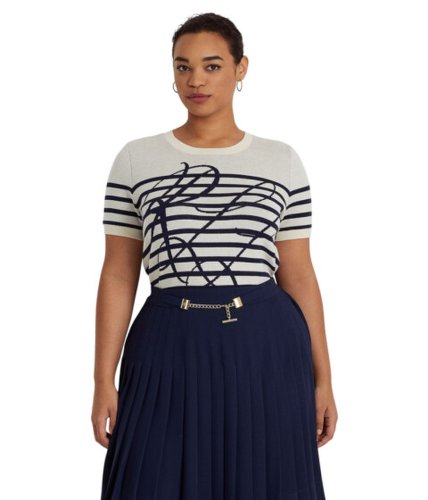Imbracaminte femei lauren ralph lauren plus size logo striped short sleeve sweater mascarpone creamfrench navy