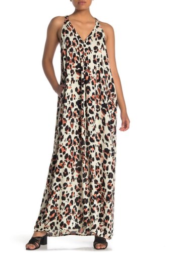 Imbracaminte femei love stitch v-neck racerback leopard print maxi dress peach leopard