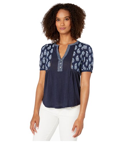 Imbracaminte femei lucky brand mixed fabric embroidered top navy multi