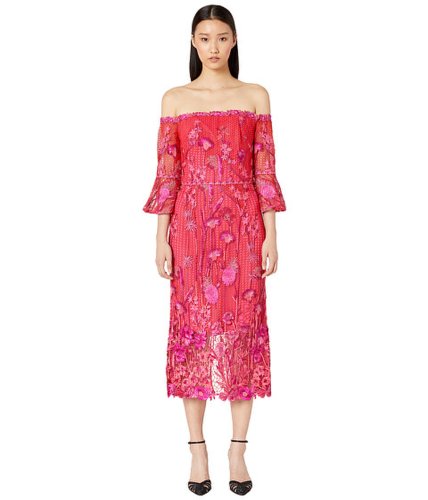 Imbracaminte femei marchesa off shoulder embroidered guipure tea length gown fuchsia
