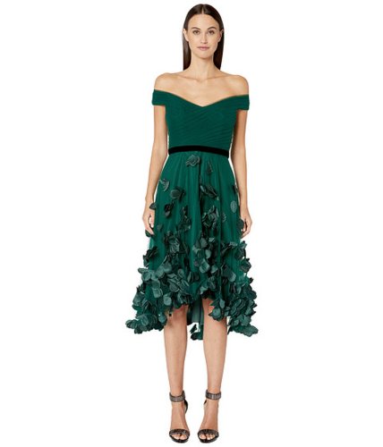 Imbracaminte femei marchesa off-the-shoulder hi-lo cocktail dress w 3d flower deacutegradeacute and draped bodice emerald