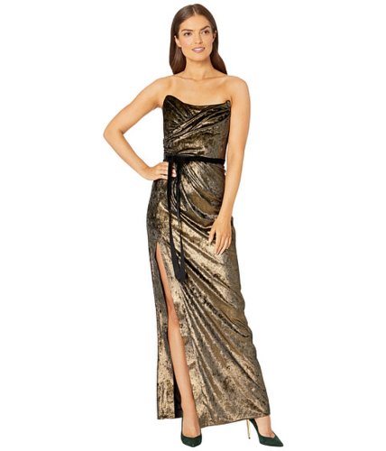 Imbracaminte femei marchesa strapless foiled velvet gown with draped bodice high slit and velvet ribbon waistband gold