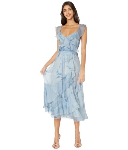 Imbracaminte femei marchesa strapless v-neck printed chiffon tea-length gown light blue