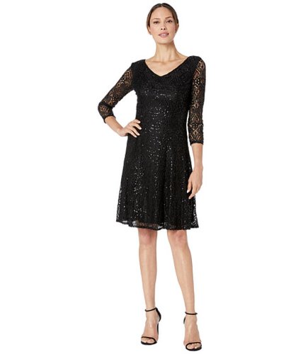 Imbracaminte femei marina 34 sleeve double v-neck stretch lace fit and flare black