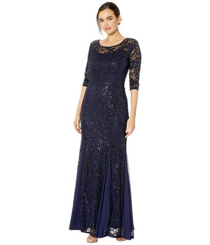 Imbracaminte femei marina sequin stretch lace long sleeve gown with godet hem navy