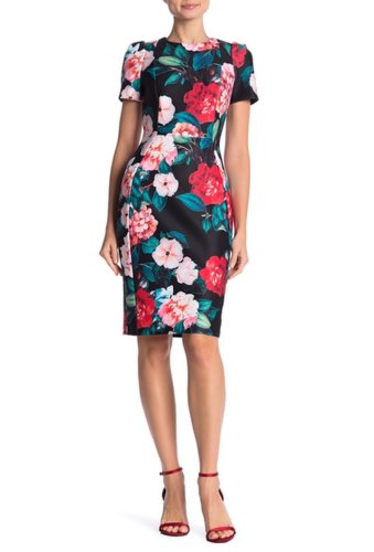 Imbracaminte femei modern american designer short sleeve floral print scuba midi dress black multi