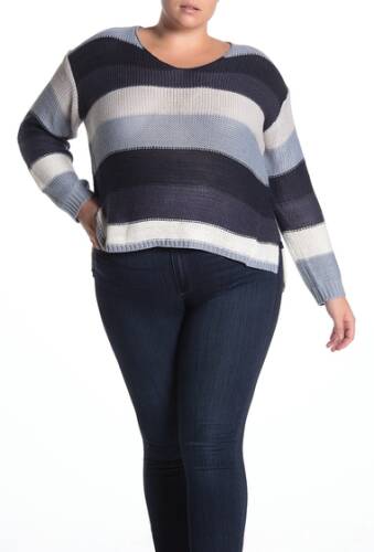 Imbracaminte femei modern designer v-neck striped sweater plus size cbb907 nav