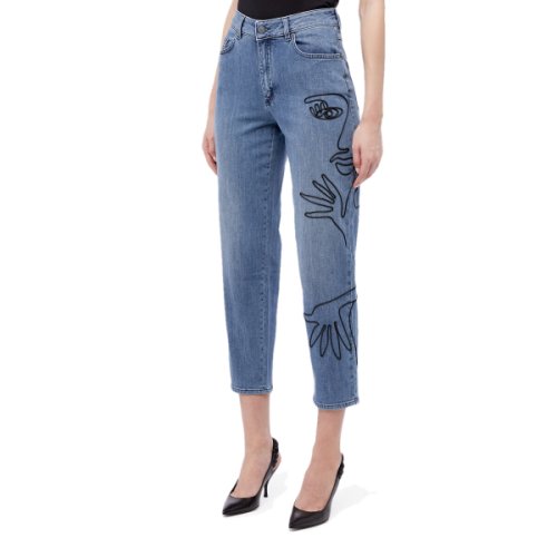 Imbracaminte femei moschino abstract faces easy cut jeans blue