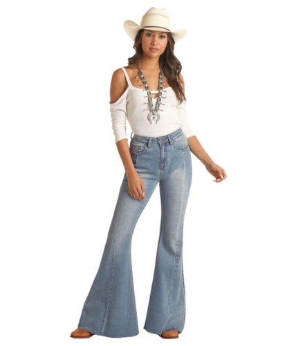 Imbracaminte femei rock and roll cowgirl high-rise distressed bell bottom jeans in light wash rrwd7hrztt light wash