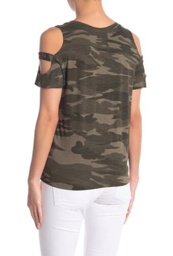 Imbracaminte femei Sweet Romeo cold shoulder cage sleeve front tie shirt green camo