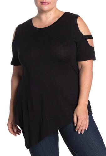Imbracaminte femei sweet romeo cold shoulder cage sleeve pointed hem top plus size black