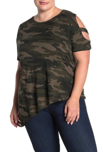 Imbracaminte femei sweet romeo cold shoulder cage sleeve pointed hem top plus size green camo
