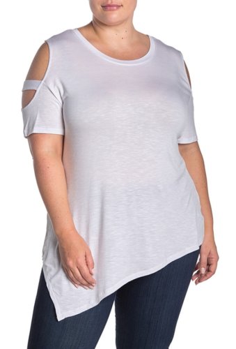 Imbracaminte femei sweet romeo cold shoulder cage sleeve pointed hem top plus size optic white