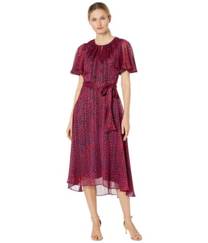 Imbracaminte femei tahari by asl flutter sleeve printed dot high-low hem dress with metallic threadwork navy pink dot