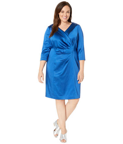 Imbracaminte femei tahari by asl plus size stretch satin cocktail dress with wide neckline and side drape detail cerulean blue