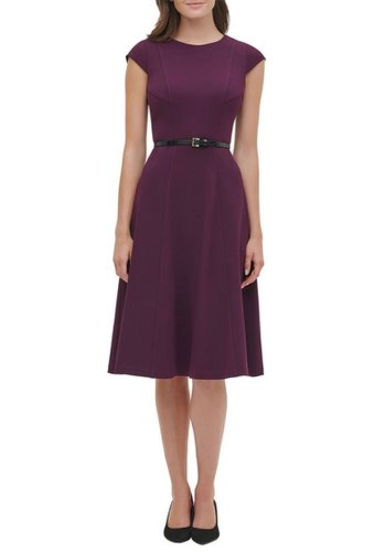 Imbracaminte femei tommy hilfiger cap sleeve belted fit and flare dress aubergine