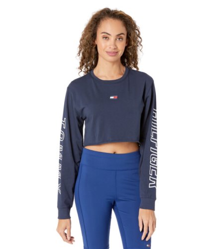 Imbracaminte femei tommy hilfiger sport long sleeve cropped tee w sleeve graphics and flag embroidery navy