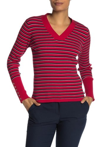 Imbracaminte femei tommy hilfiger striped ribbed knit v-neck sweater scarlt mul