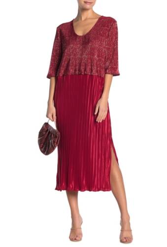 Imbracaminte femei tov colorblock metallic plisse pleated midi dress red