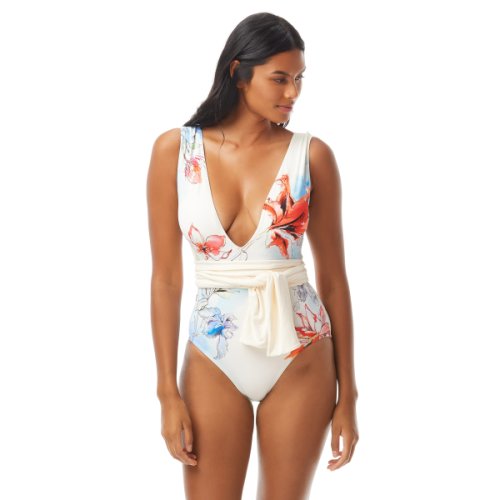 Imbracaminte femei vince camuto bright floral belted plunge v-neck one-piece ivory
