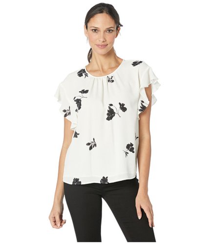 Imbracaminte femei vince camuto tossed flowers ruffled sleeve ruched neck blouse pearl ivory