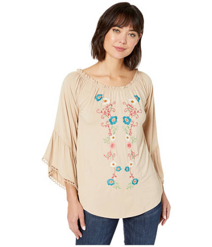 Imbracaminte femei wrangler long sleeve knit top with embroidery tan