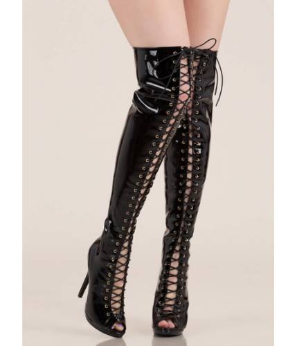 Incaltaminte femei cheapchic gloss over lace-up thigh-high boots black
