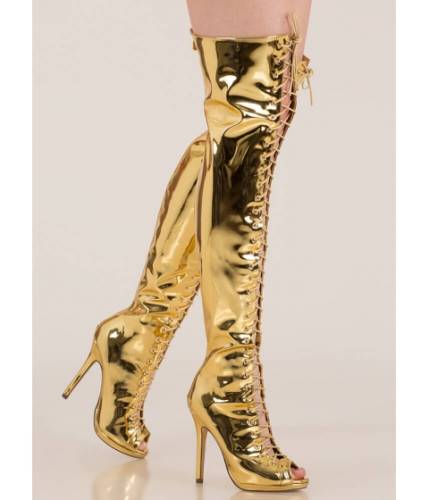 Incaltaminte femei cheapchic gloss over lace-up thigh-high boots gold
