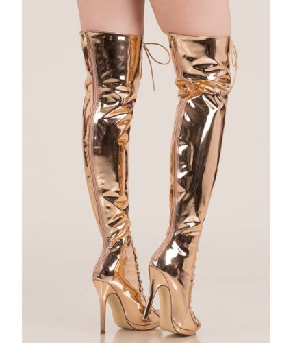 Incaltaminte femei cheapchic gloss over lace-up thigh-high boots rosegold