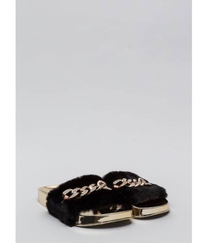 Incaltaminte femei cheapchic link up chained faux fur slide sandals black