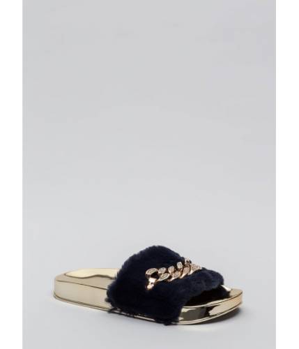 Incaltaminte femei cheapchic link up chained faux fur slide sandals navy