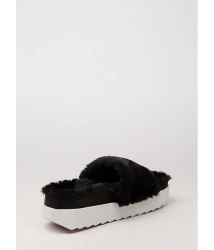 Incaltaminte femei cheapchic plush into it faux fur slide sandals blackwhite