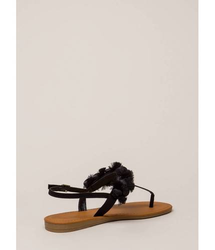 Incaltaminte femei cheapchic pom-pom party fringed t-strap sandals black