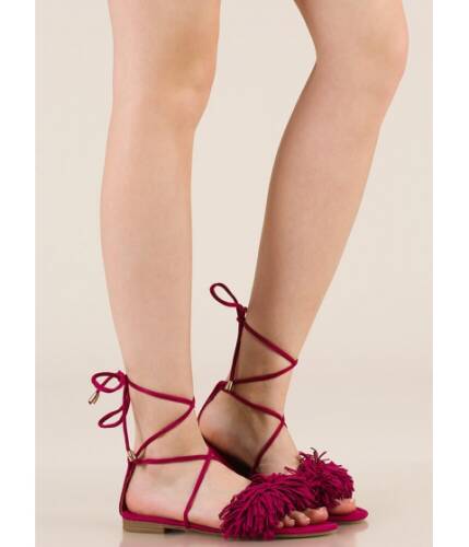 Incaltaminte femei cheapchic shaggy chic lace-up fringe sandals fuchsia