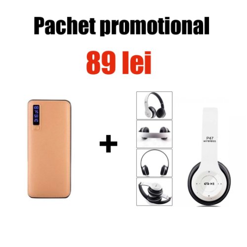 Pachet promotional baterie externa + casti wireless