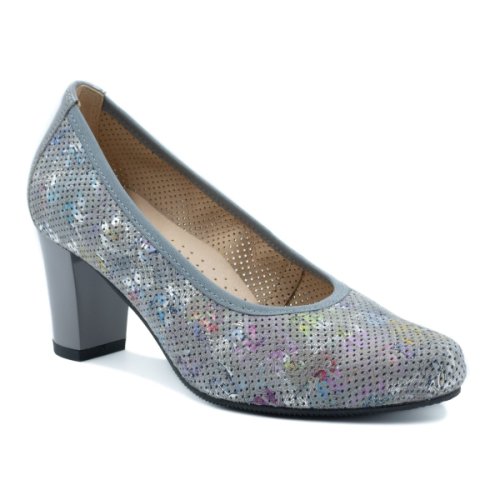 Pantofi eleganti dama, beatrixx, din piele naturala perforata cu imprimeu colorat, culoare gri, cod af-404