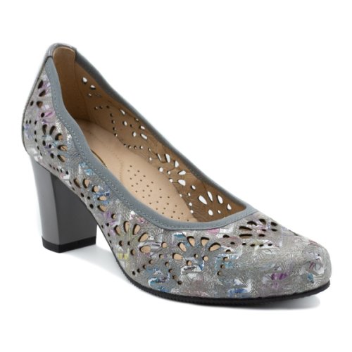 Pantofi eleganti dama, beatrixx, piele naturala perforata, imprimeu flori, culoare gri, cod af-392