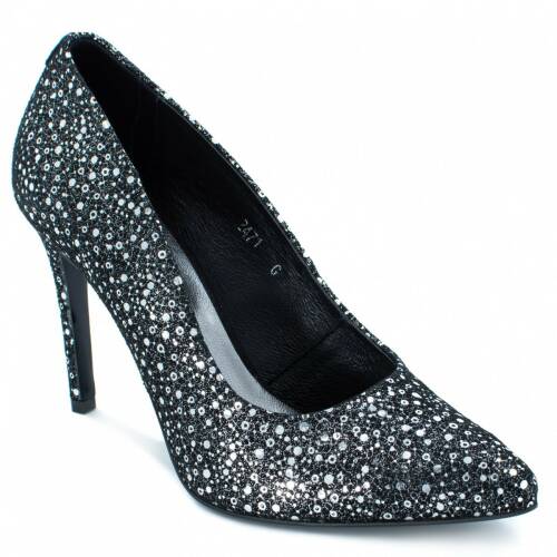 Pantofi stiletto eleganti dama, beatrixx, piele naturala imprimata, culoare negru, cod 2471