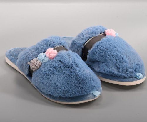 Papuci de casa albastri cu floricele pentru dama - cod 555a
