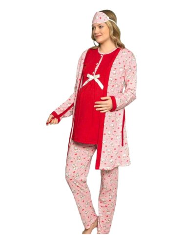 Pijama 3 piese gravide dama rosie cu fundita