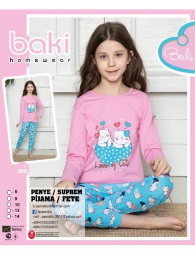 Pijama fete cu model imprimat, baki, love of cats