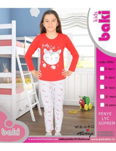 Pijama fete cu model imprimat, baki, lovely cat