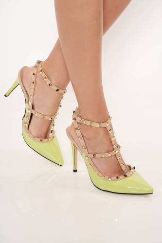 Pantofi stiletto verde-deschis eleganti din piele ecologica lacuita cu toc inalt si tinte metalice